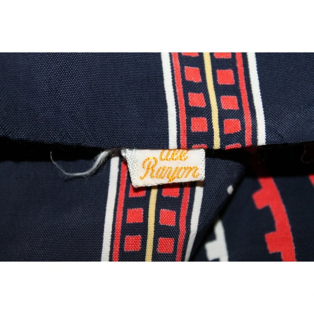 Vintage Rayon Fringe Scarf Navy Blue Red Geometric Abstract Pattern 12x48